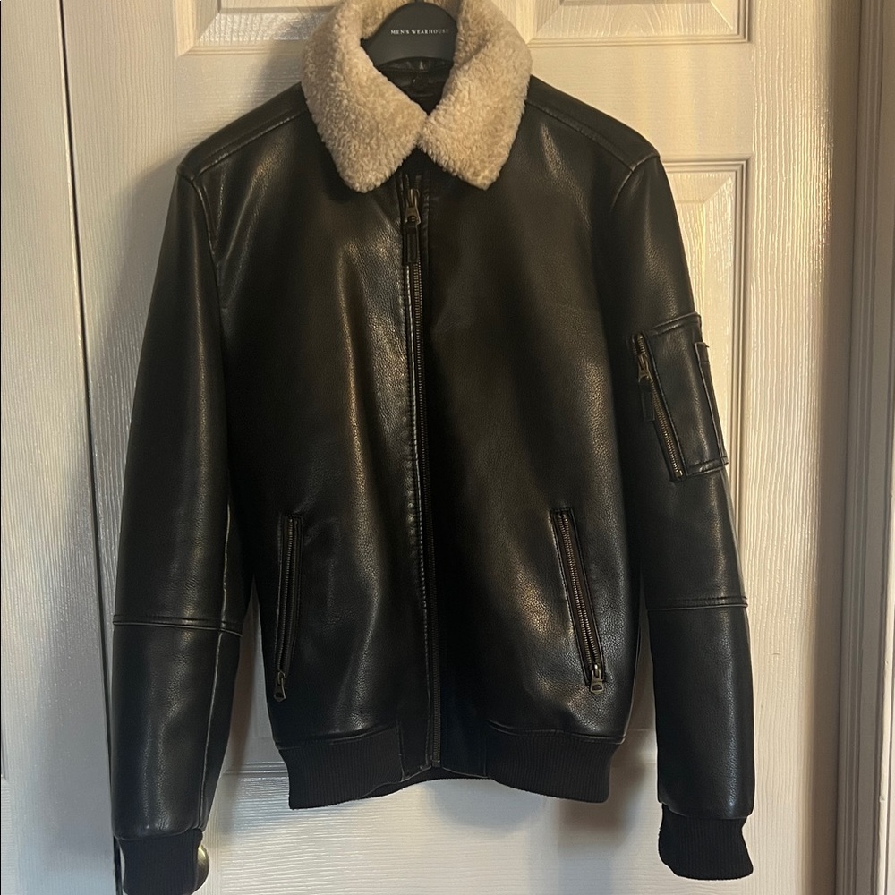Zara Man Chocolate Brown Faux Leather Bomber Jacket with Shearling Collar EUC M